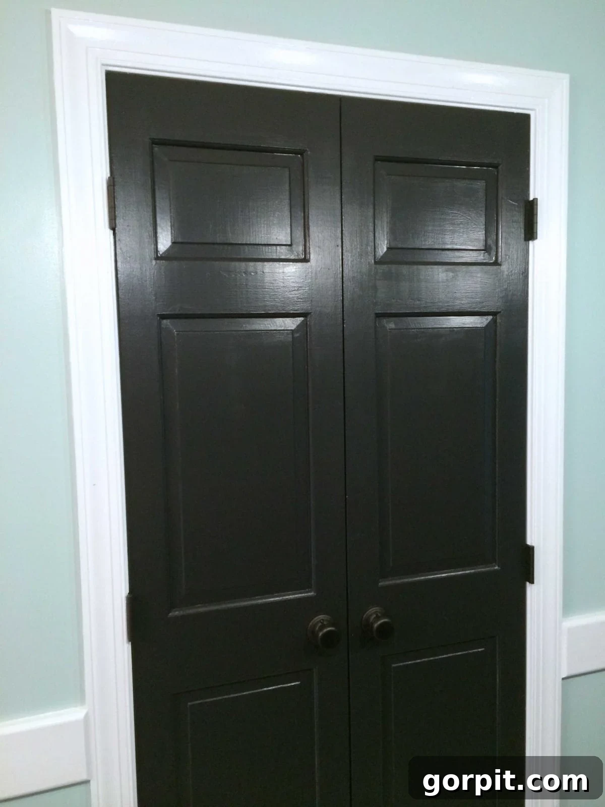 Pantry doors have been updated with a fresh coat of black paint, white trim and mint green walls. 