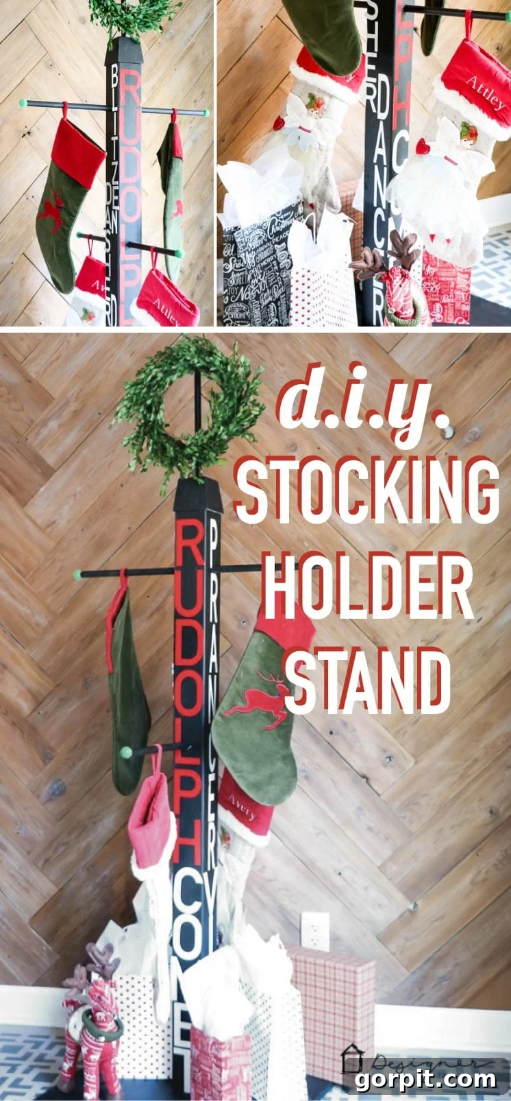 Elegant DIY Stocking Holder Stand: The perfect solution for hanging Christmas stockings without a mantel. This tutorial makes it easy!