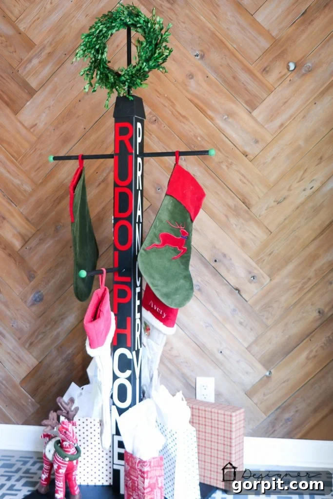 DIY stocking holder stand serving as a beautiful centerpiece for holiday stockings