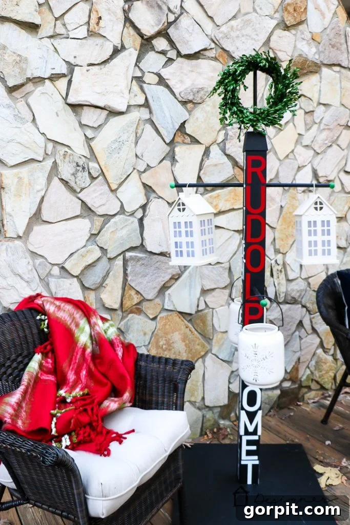 DIY stand repurposed as an outdoor lantern holder, illuminating a festive scene