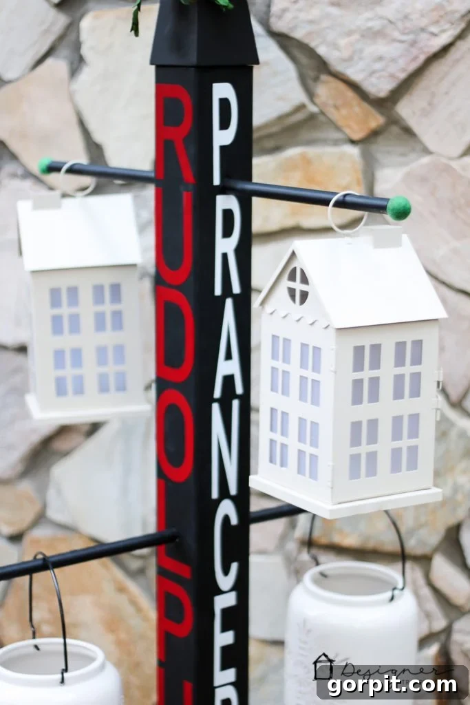 Outdoor scene featuring the DIY stand holding lanterns, perfect for holiday lighting