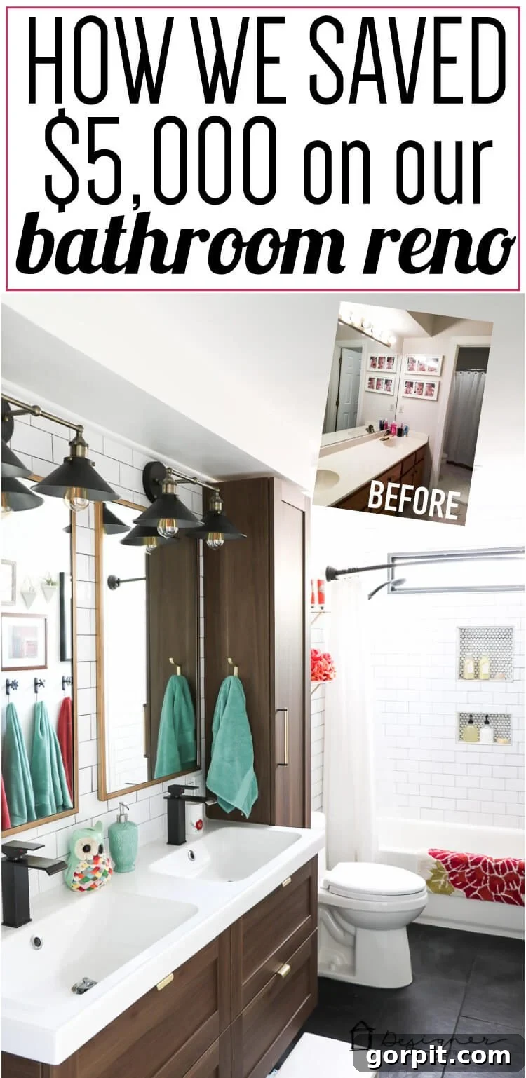Stunning DIY bathroom remodel featuring floor-to-ceiling subway tile, black slate floor, penny tile accents, and a modern floating vanity.