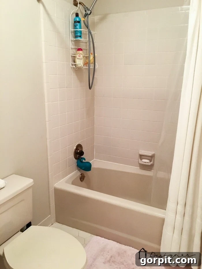 A glimpse into the old, dark, and carpeted bathroom that underwent a stunning transformation.