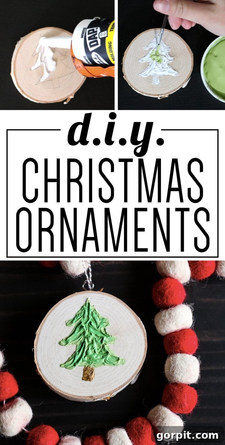 Stunning DIY textured Christmas ornament crafted from a wood slice, showcasing the unique caulk application and vibrant paint.