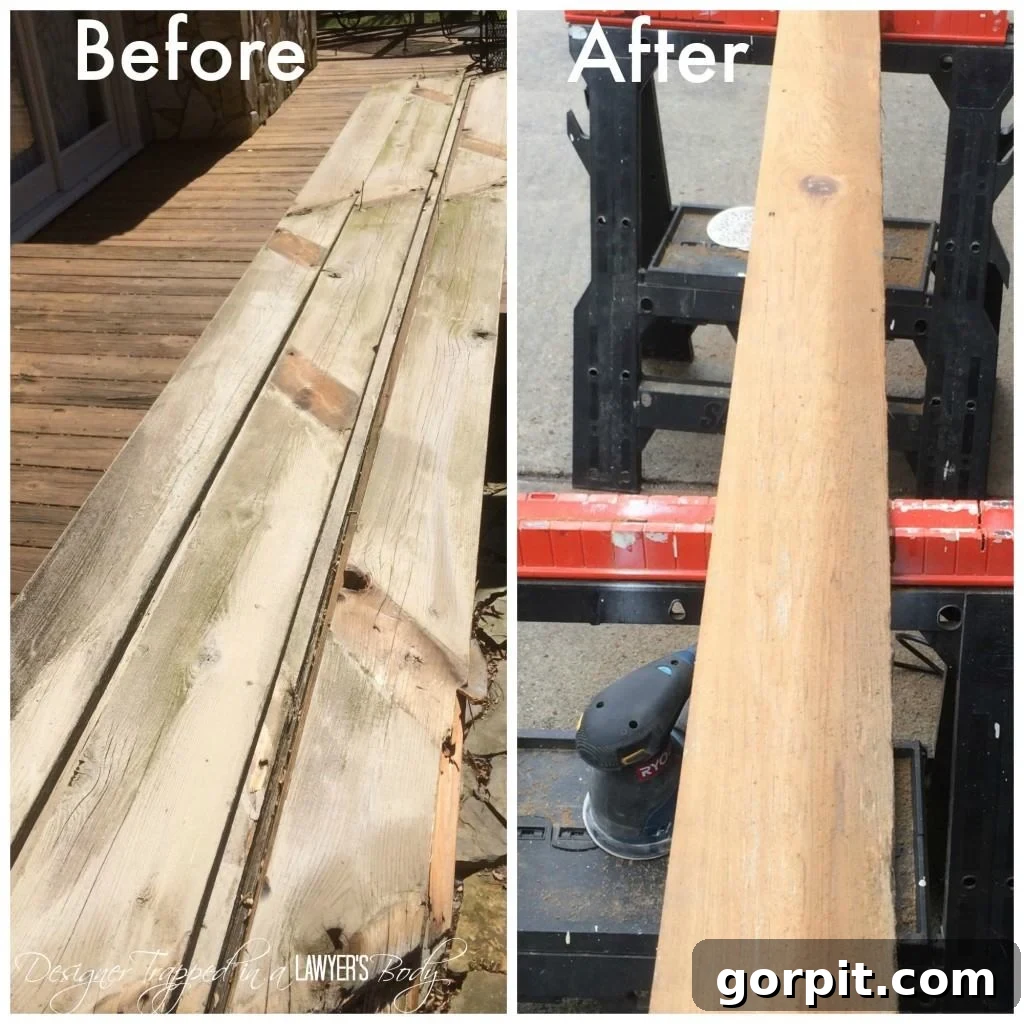 Transforming an Old Fence into a DIY Herringbone Wall 4 before and after wood planks