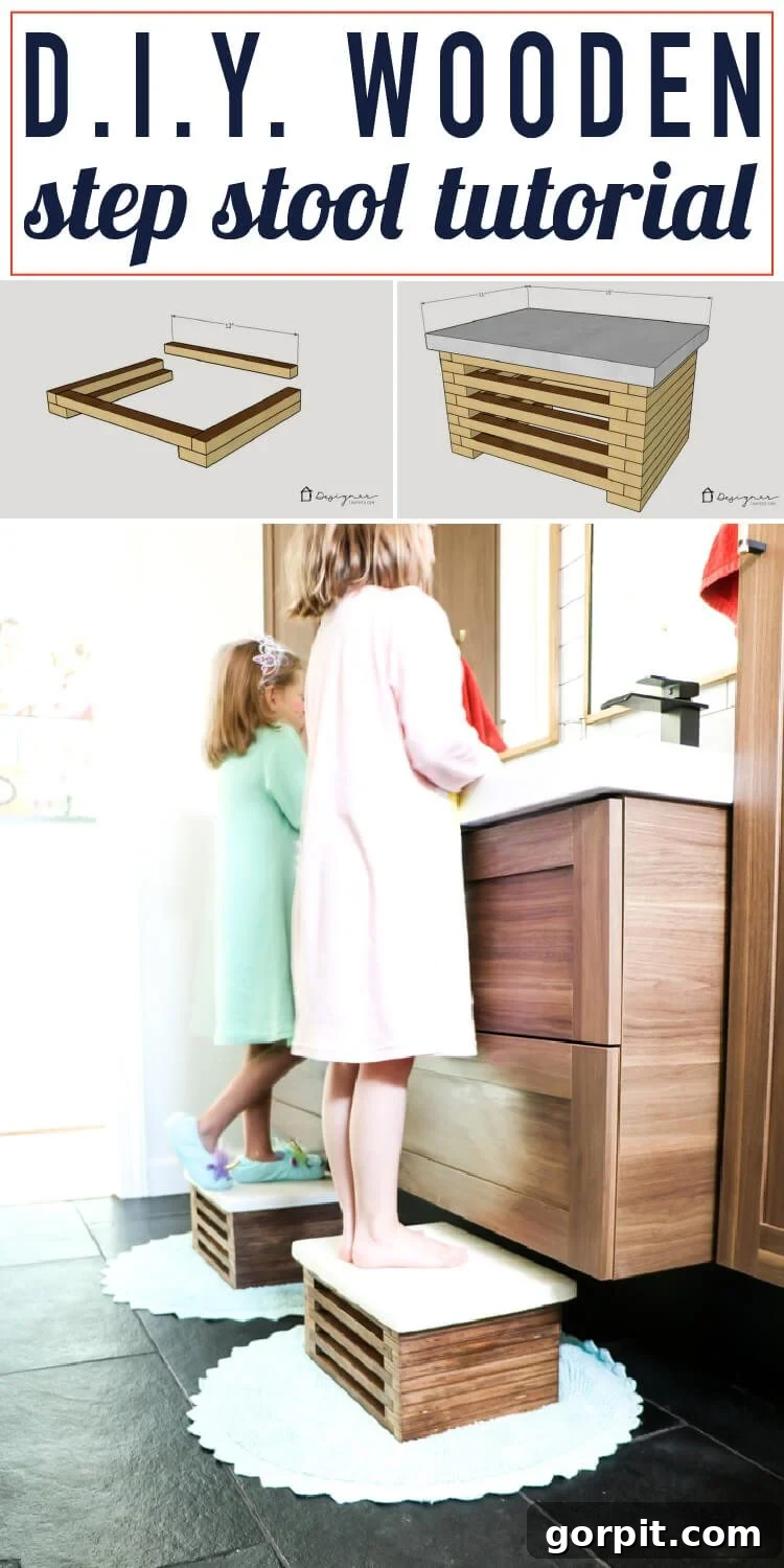 Beyaz Beton Yüzeyli Ahşap Basamak Taburesi Kendin Yap Projesi 2 Modern DIY wooden step stool with a striking white faux concrete top. Perfect for kids' bathrooms, this functional and stylish piece adds a contemporary touch to any space. Detailed tutorial included.