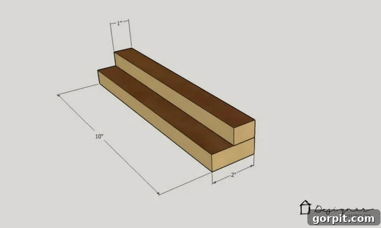 Beyaz Beton Yüzeyli Ahşap Basamak Taburesi Kendin Yap Projesi 4 Top-down view of DIY wooden step stool dimensions showing overall length and width.