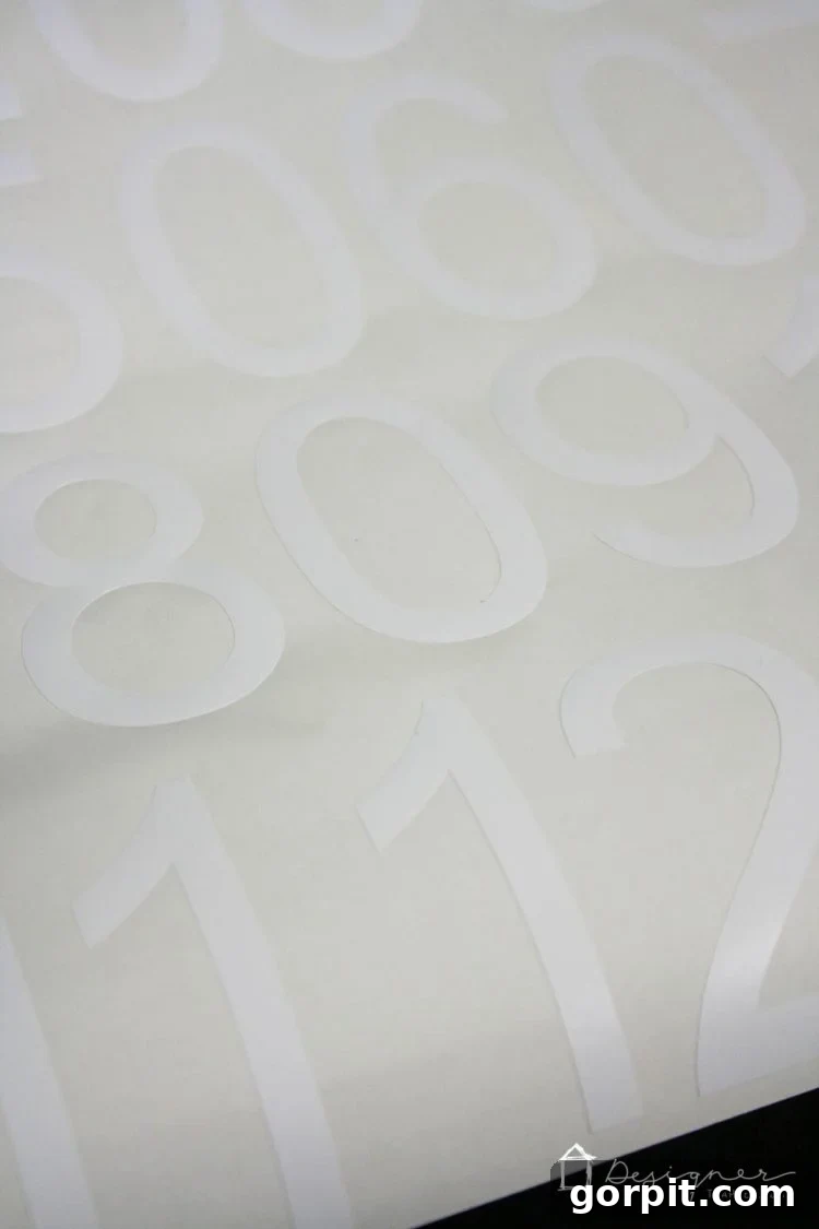 A close-up view of a vinyl number being prepared on its backing, ready for transfer to a stair riser.