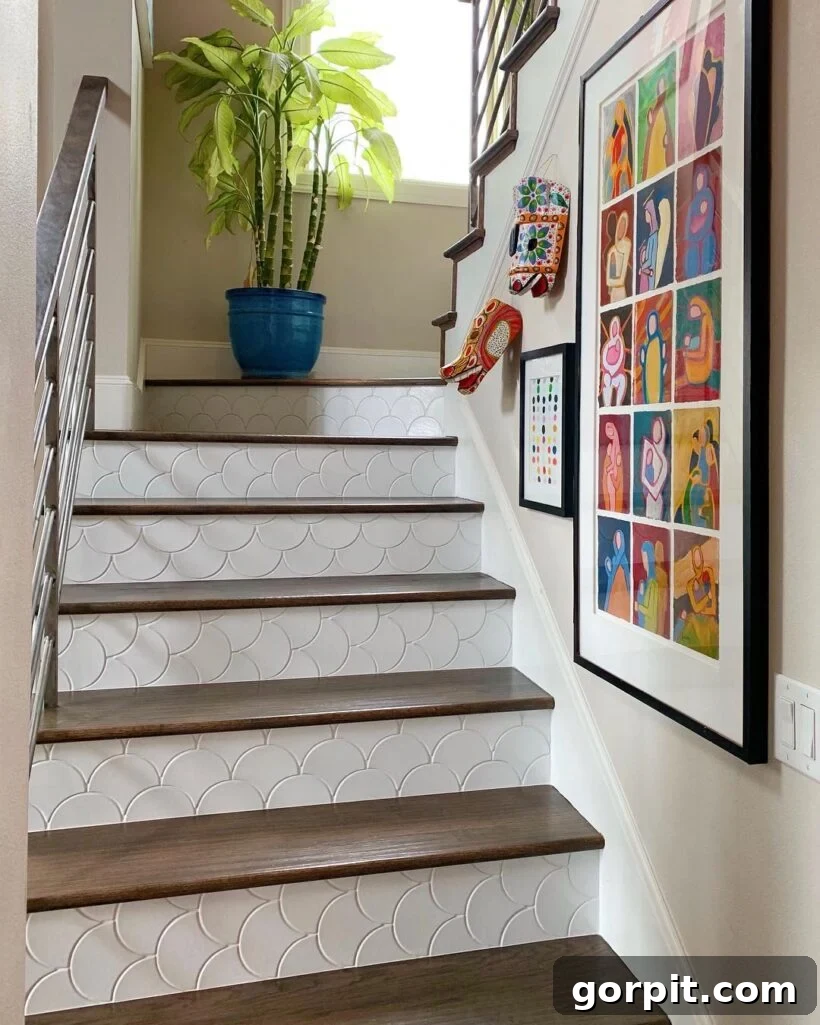 Stairway to Style: Creative Riser Designs 4 Stair risers adorned with beautiful patterned tiles, showcasing an intricate design and artistic appeal.