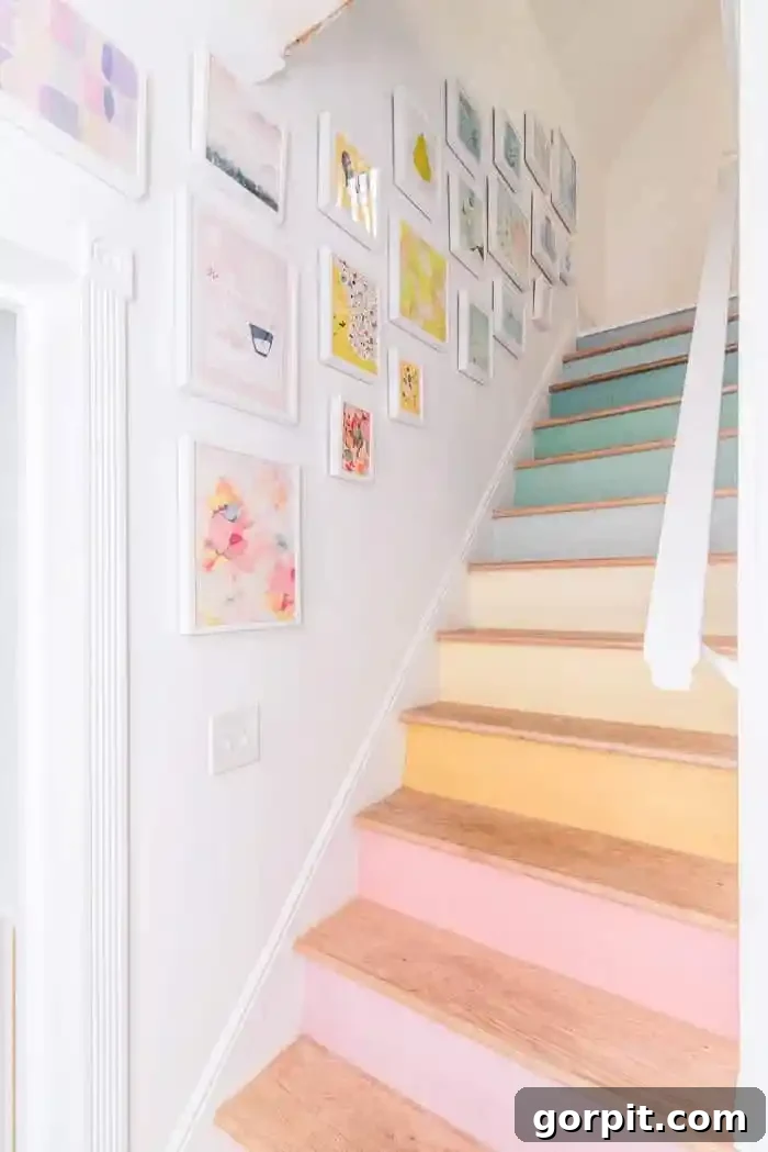 Stairway to Style: Creative Riser Designs 5 Stair risers painted in a beautiful pastel rainbow gradient, creating a vibrant and unique staircase.