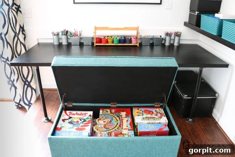 Effortless Pipe Desk DIY 13 Children's playroom featuring the DIY pipe desk and a long storage ottoman, with bright cushions and organized games.