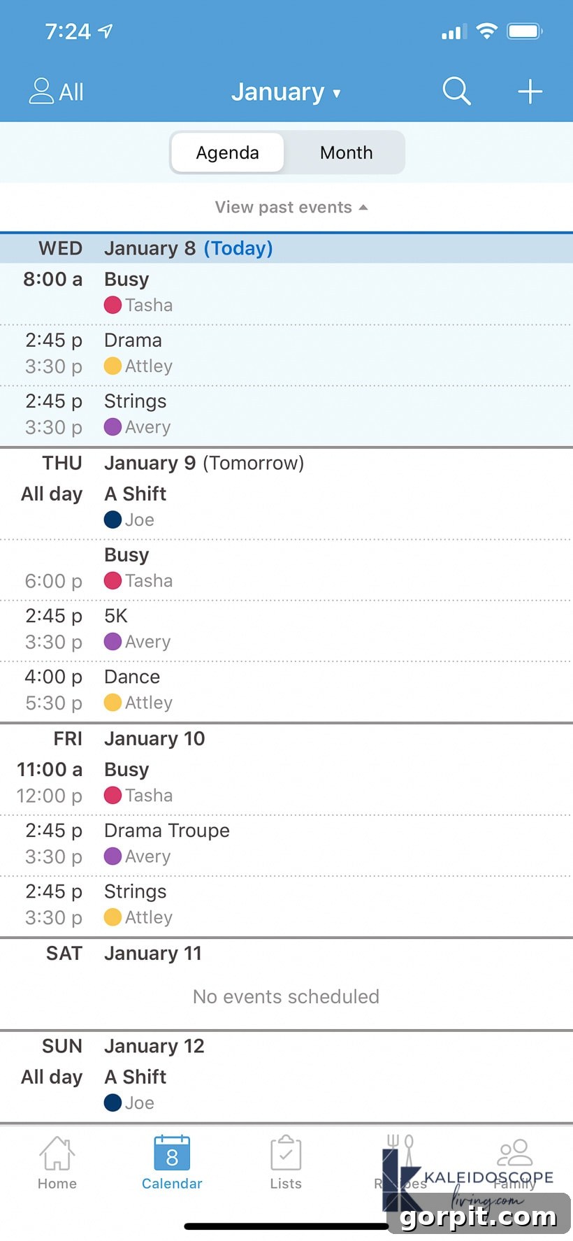 A screenshot of the Cozi calendar app being used to keep a family's schedule organized by day and color. 