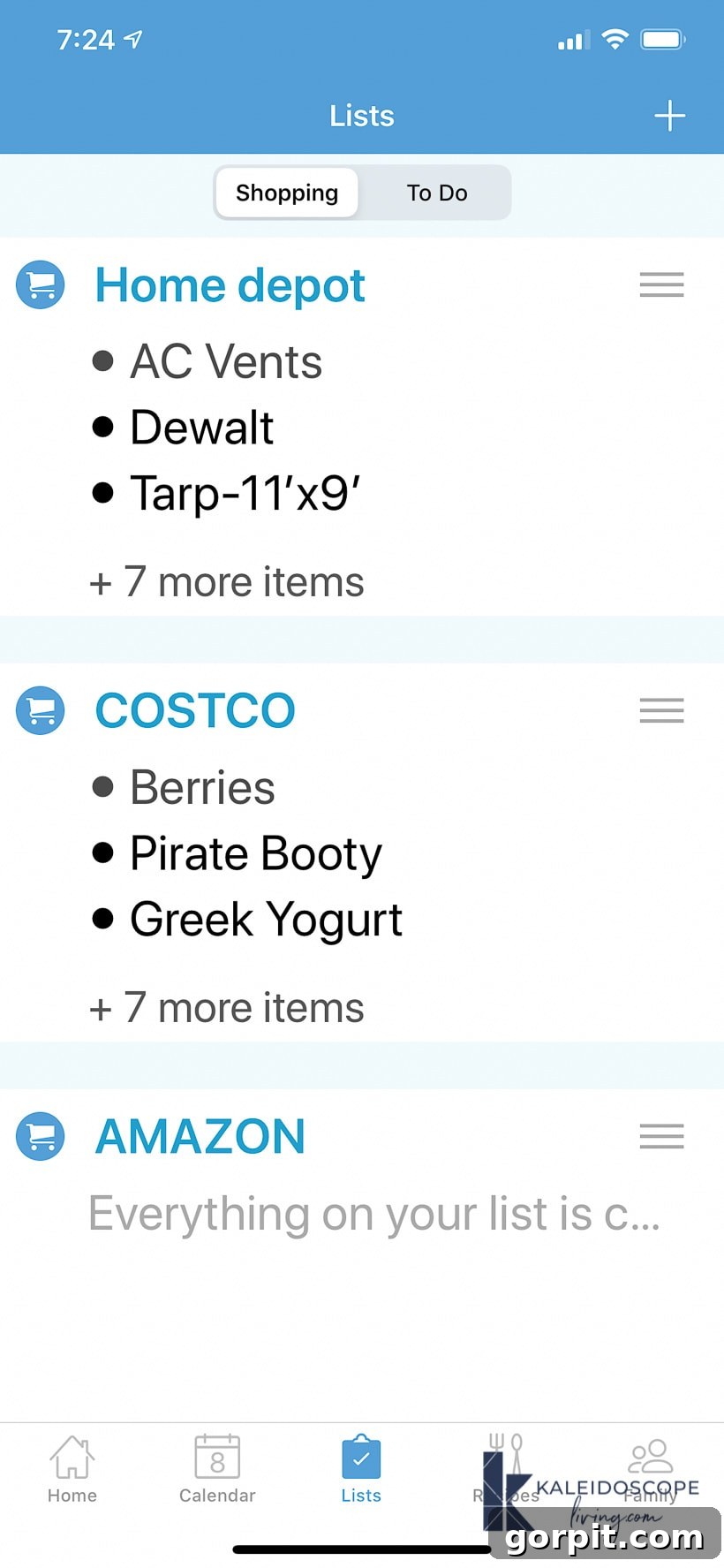 An example of the shopping list screen available from the Cozi app. 