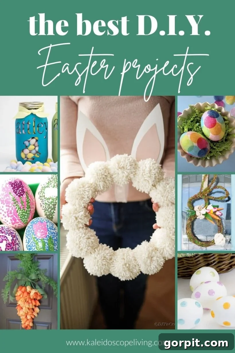 A beautifully decorated table featuring various DIY Easter decorations and craft projects, including intricately designed eggs, spring flowers, and charming centerpieces.
