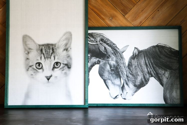A collection of large DIY wall art pieces, each featuring a playful animal print framed in a striking blue, perfect for a child's bedroom.