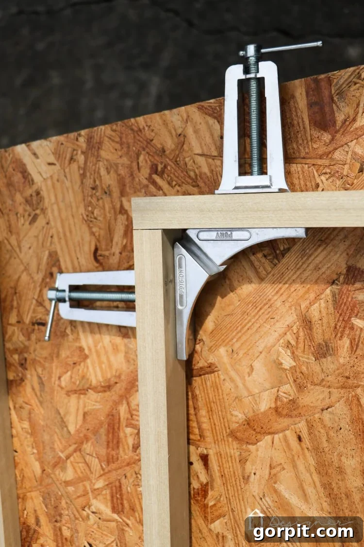 Close-up view of a butt joint being clamped for assembly, demonstrating precise alignment for the DIY frame.