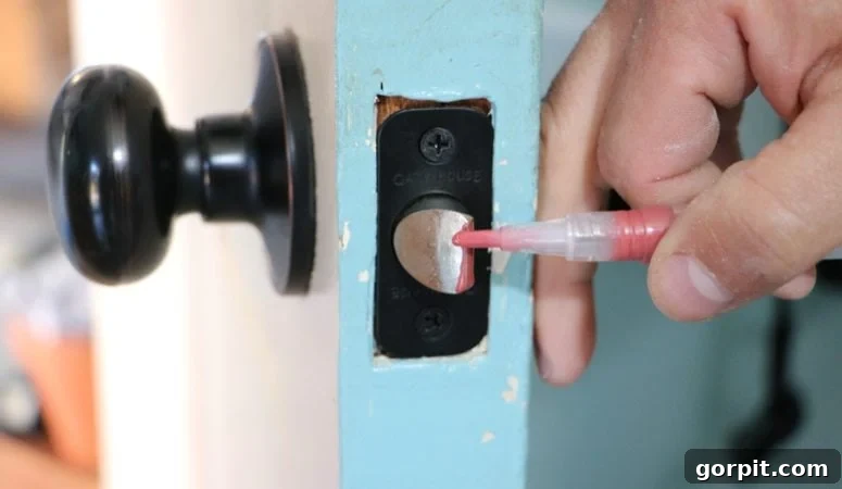 The Solution for Your Stubborn Door 3 Woman marking door latch with lip gloss to check alignment with the strike plate.