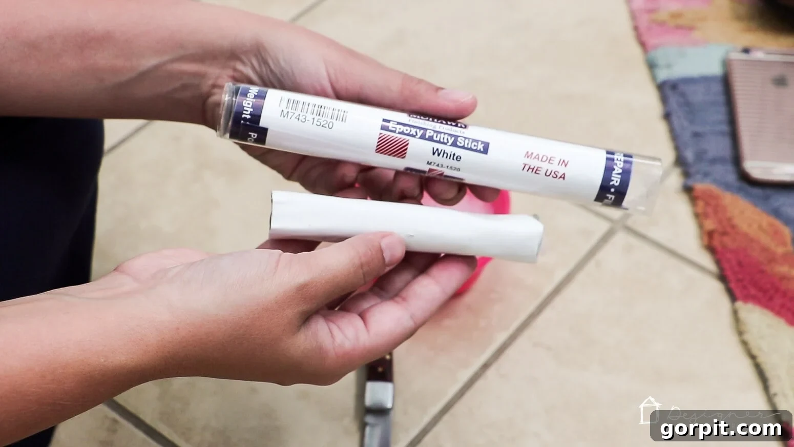 The Solution for Your Stubborn Door 5 Mohawk Epoxy Putty stick in white, ready for use.