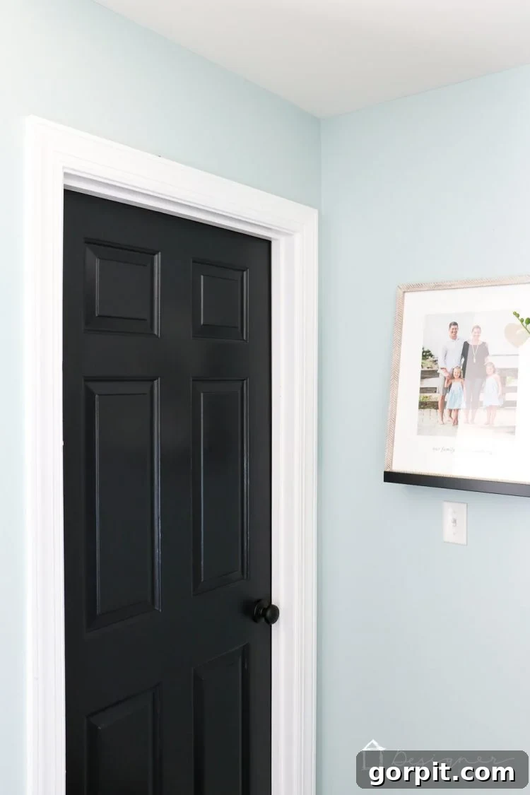 Stunning black painted interior door with updated Schlage hardware for a contemporary look.