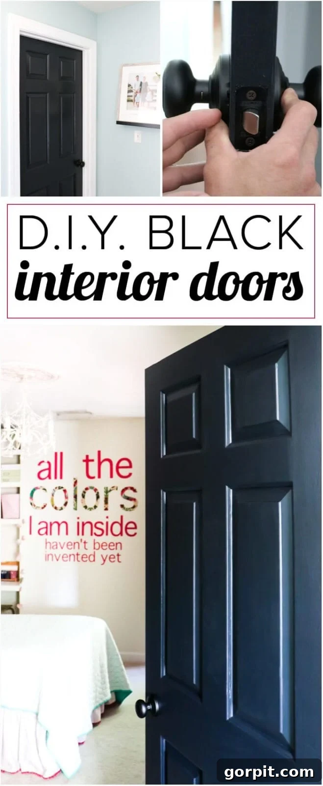 Striking black interior door with new Schlage Aged Bronze hardware, a perfect DIY home update.