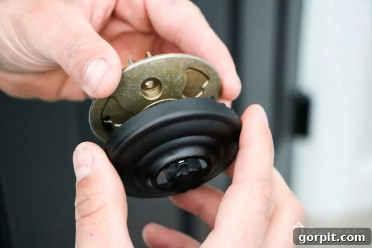 Detailed view of Schlage door knob installation, showing hidden screw mechanism.
