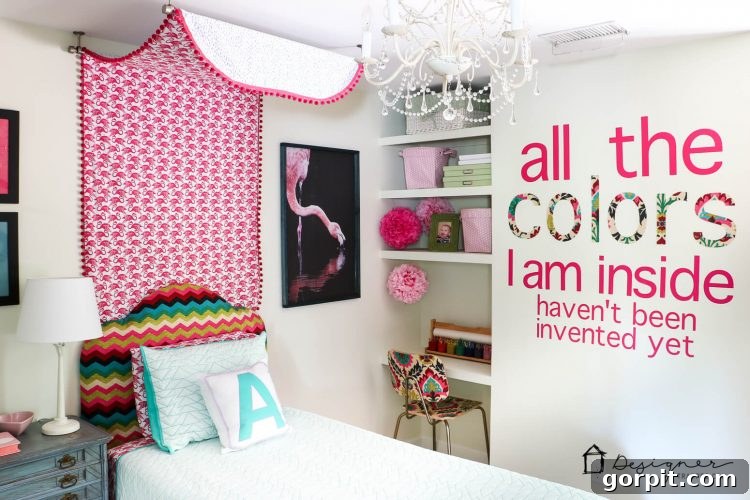 The finished custom wall decals create a beautiful, personalized focal point in the room.