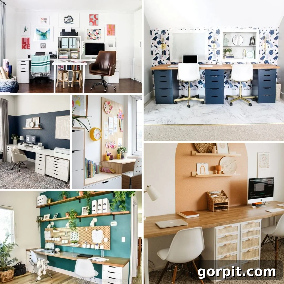Smart IKEA Desk Upgrades for Less 2 Five pictures of different IKEA desk hacks create a collage of functional and stylish home office space.