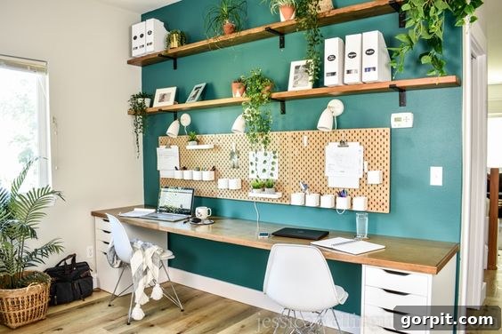 Smart IKEA Desk Upgrades for Less 12 A homeschool area includes a long wooden tabletop with IKEA drawers underneath, two chairs, al facing a green wall with a peg-board and shelves for books and plants. The desk is extra long thanks to an IKEA desk hack.