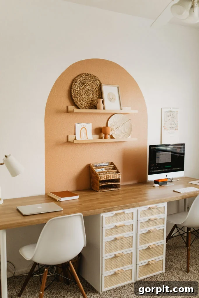 Smart IKEA Desk Upgrades for Less 13 IKEA desk hack with caned drawers and arch mural above a long wooden desktop and shelves.