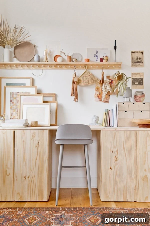 Smart IKEA Desk Upgrades for Less 17 Neutral tones dominate this standing IKEA desk hack. A shelf with hooks hangs above a long desktop full pf framed pictures, books, and small drawers. A tall stool is between cabinets underneath the desk.