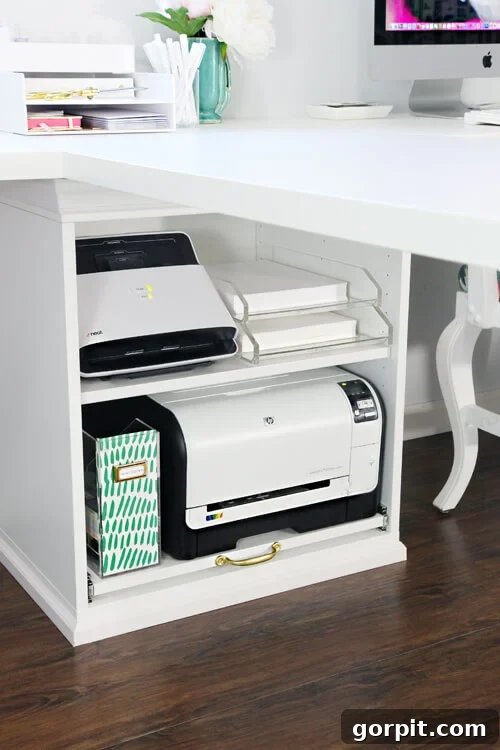 Smart IKEA Desk Upgrades for Less 4 A Stuva printer cabinet under the corner of a white desk is an IKEA desk hack that provides ample storage.