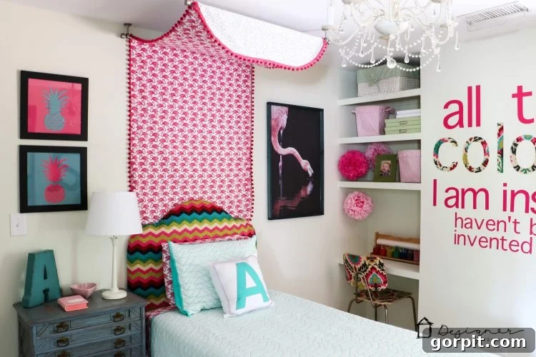Flat Sheet Bed Canopy: Your Cozy Oasis 10 Close-up of the finished DIY bed canopy with flamingo pattern, highlighting the pom pom trim and soft fabric drape.