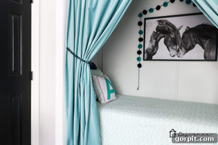 Full view of the stylish DIY wood bead curtain tie backs in place, adding elegance to the room.