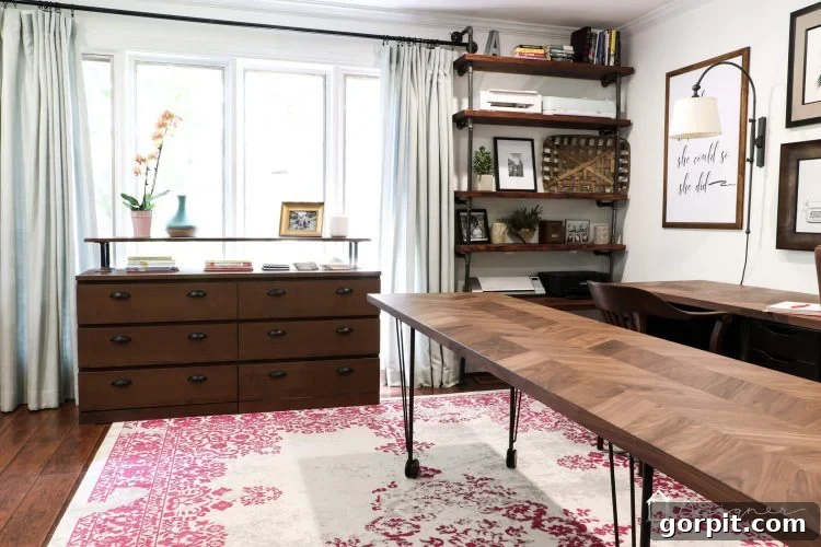 The industrial Malm dresser integrated into a stylish home office setting, demonstrating its practical use and aesthetic appeal.