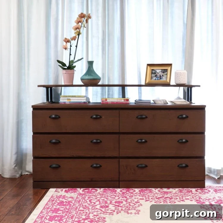 An overall view of the transformed Ikea Malm industrial dresser, showing its high-end appearance from a wider angle.