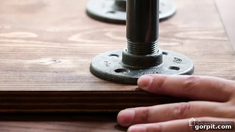 Steel pipes are being screwed into the flanges attached to the wooden top board, forming the legs of the industrial base.