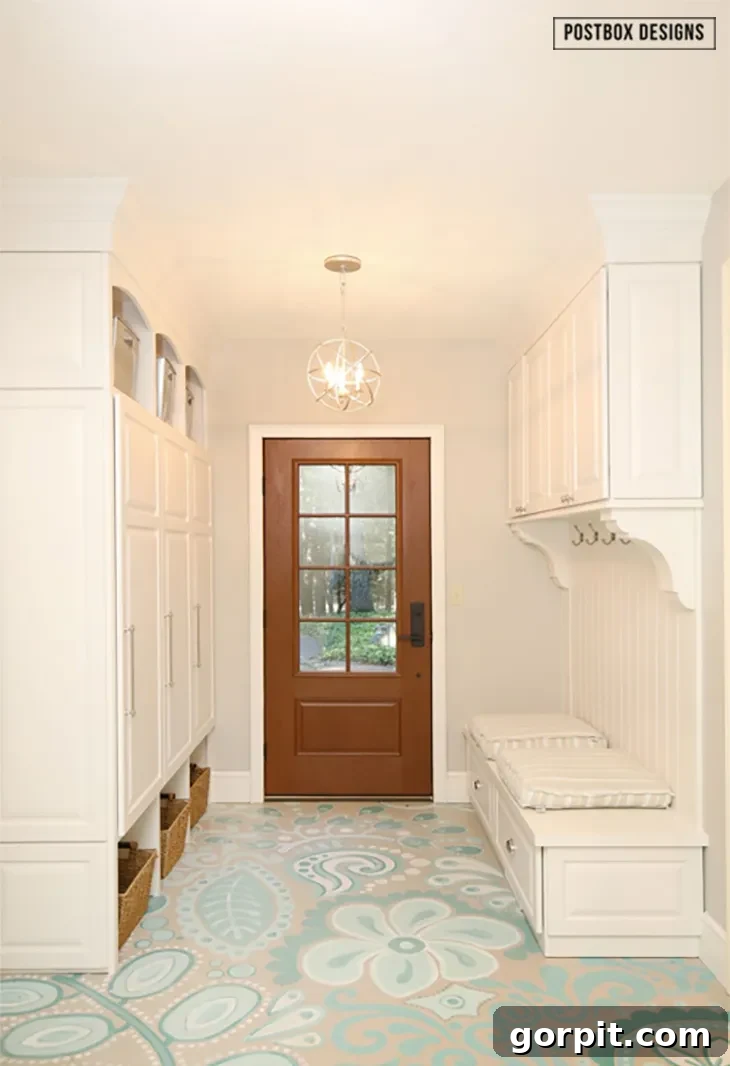 Beautifully painted concrete floor in a mudroom, showcasing a cost-effective way to add warmth and style to a functional space.
