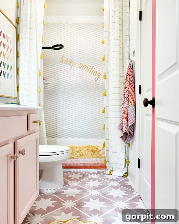 Outdated bathroom tile revitalized with modern tile stickers, offering a cost-effective and easy DIY flooring solution.