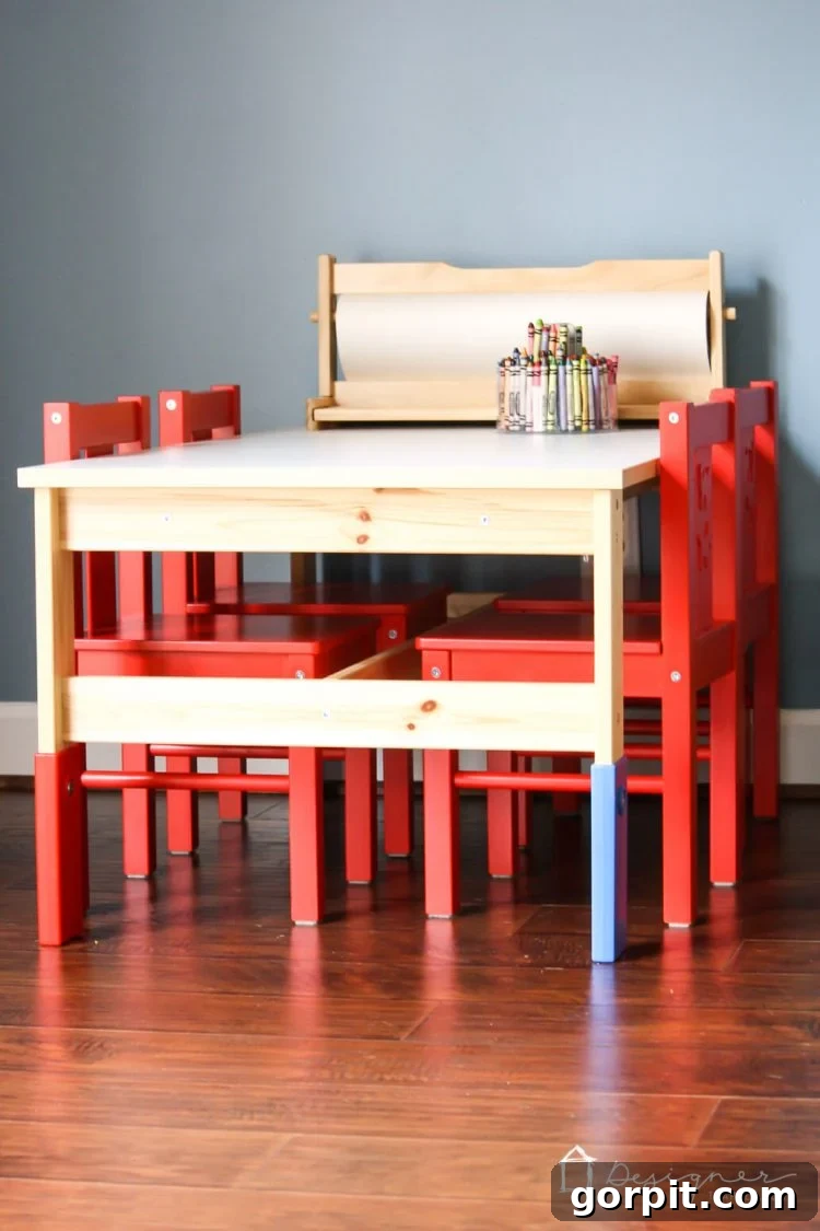 Before and after: A bright red and blue IKEA kids table and chairs transformed into a stylish, custom piece with gray paint and patterned fabric.