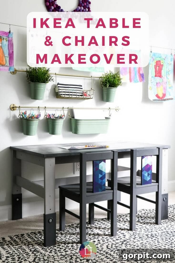 A stunning IKEA kids table and chairs makeover, featuring elegant gray paint and fabric-covered chair backs, creating a high-end look.