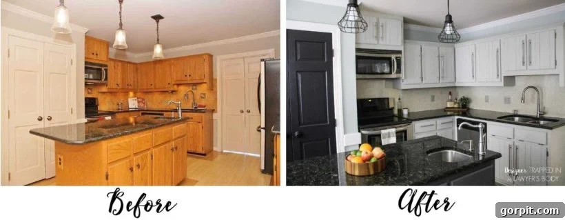 Beautifully painted DIY kitchen cabinets in a contemporary home.