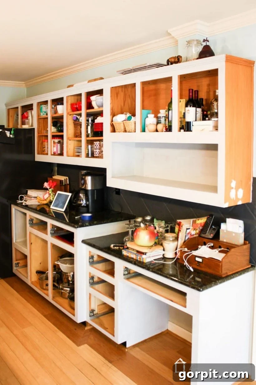 A busy kitchen during a DIY cabinet painting project.