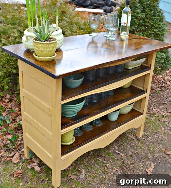 Antique dresser repurposed as a rustic kitchen island