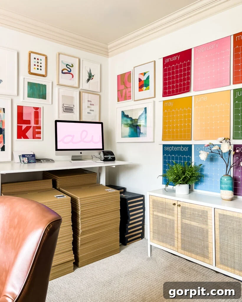 Colorful corner gallery wall in home office blending with rainbow calendar