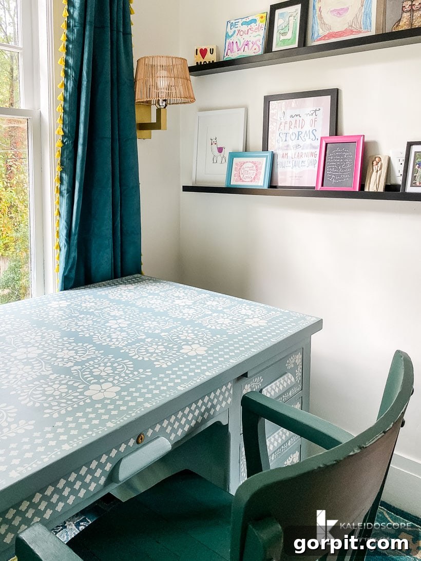 Gallery wall on art ledges in a small home office