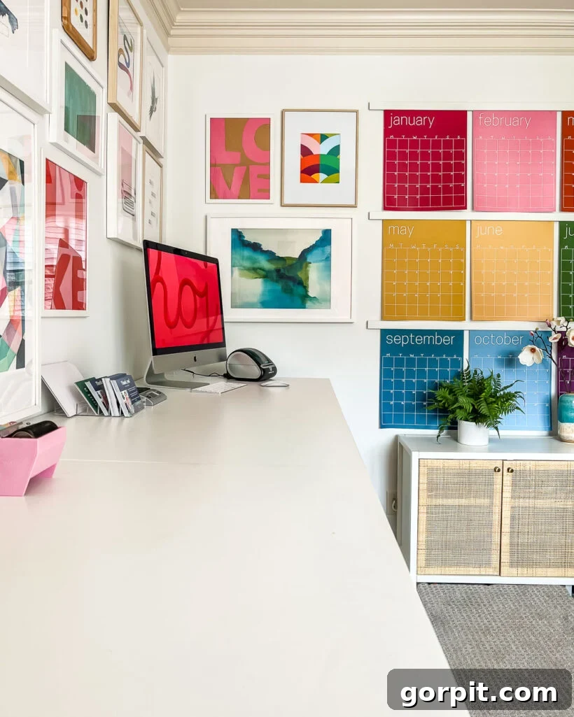 Colorful gallery wall in home office