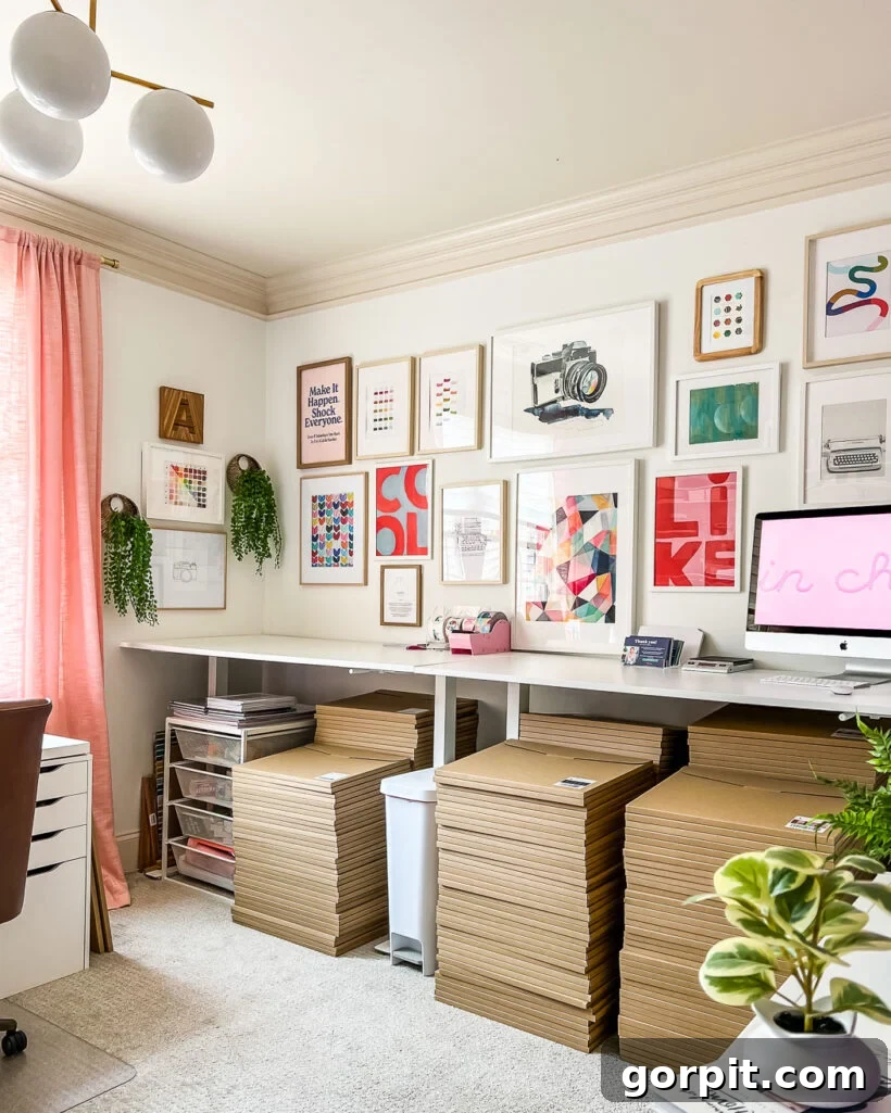 Colorful gallery wall in home office with repeated color accents