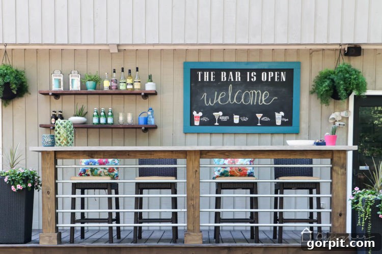 A close-up view of the DIY outdoor bar, highlighting its sturdy construction and the seamless integration with the overall deck design, perfect for casual dining and entertaining.