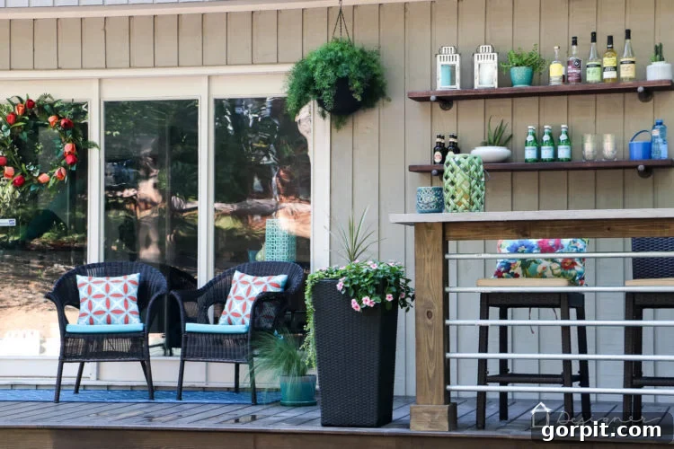 The outdoor bar area at dusk, with ambient lighting creating a warm and inviting atmosphere on the newly renovated deck, ideal for evening relaxation and entertaining.