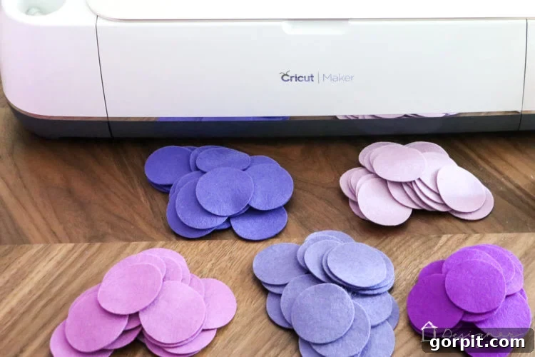 Cricut Maker cutting felt circles for ombre lampshade project.